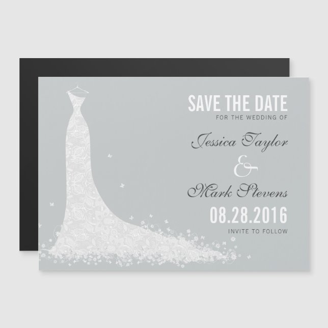 White & GrayLace Wedding Dress Save The Date Magnetic Invitation (Front/Back)