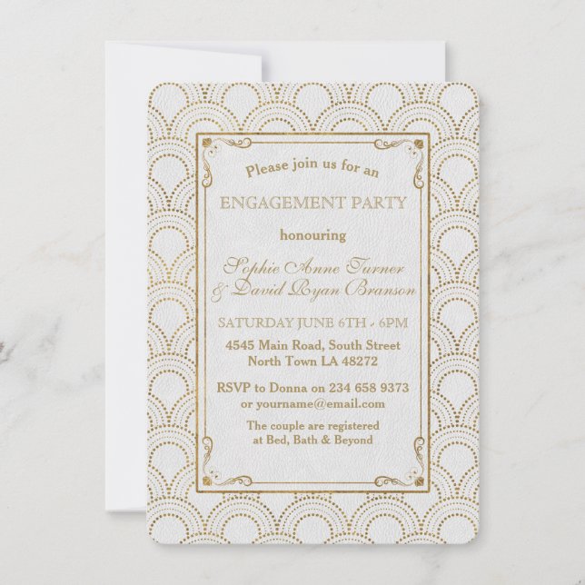 White Great Gatsby Art Deco Gold Engagement Party Invitation (Front)