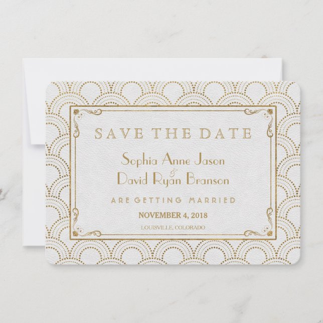 White Great Gatsby Art Deco Gold Save The Date (Front)