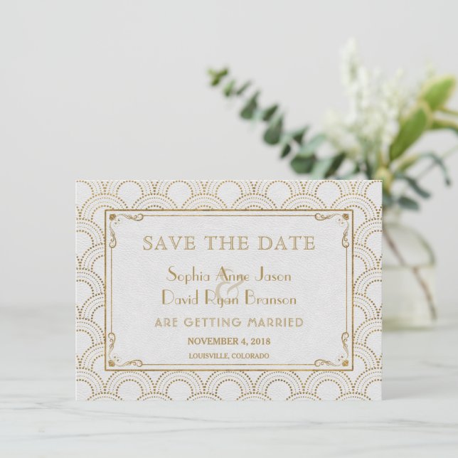 White Great Gatsby Art Deco Gold Save The Date (Standing Front)