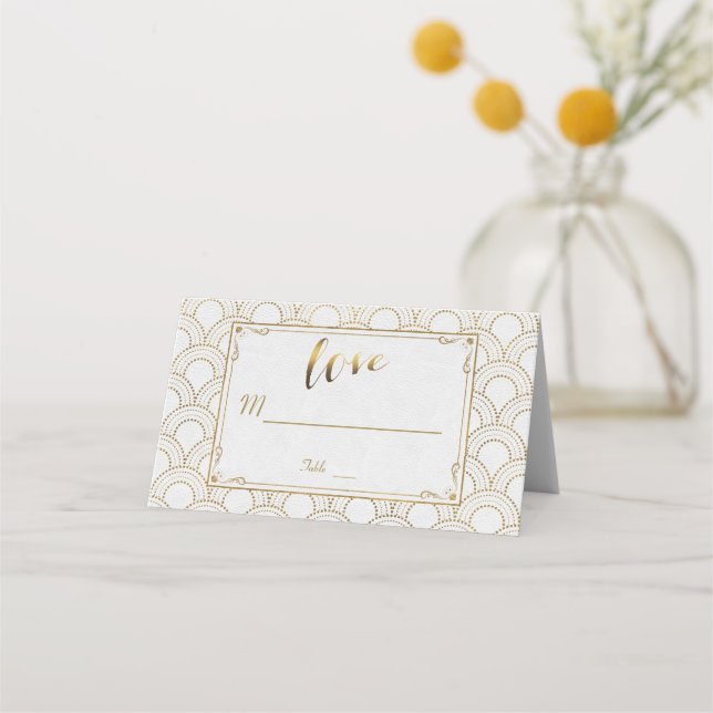White Great Gatsby Art Deco Gold Wedding Place Card (Back)