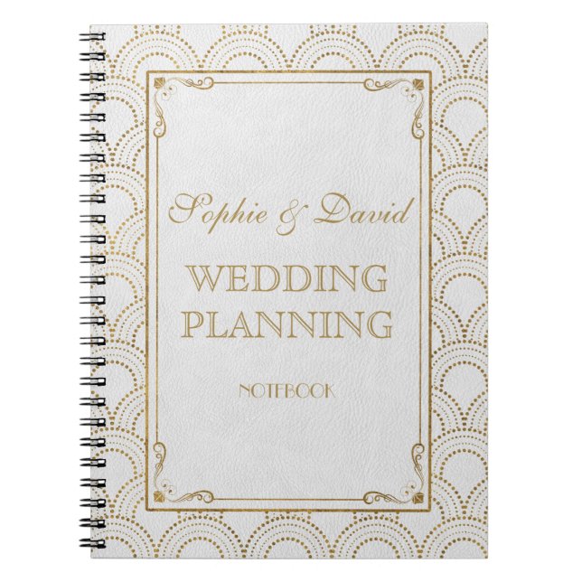 White Great Gatsby Art Deco Gold Wedding Planner Notebook (Front)