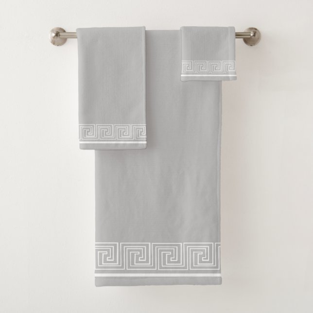 White Grecian Frieze Design Grey Bath Towel Set (Insitu)