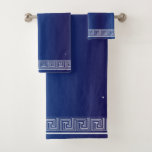 White Grecian Frieze Design Navy Blue Bath Towel Set at Zazzle
