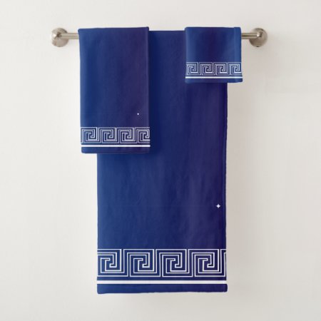 White Grecian Frieze Design Navy Blue Bath Towel Set