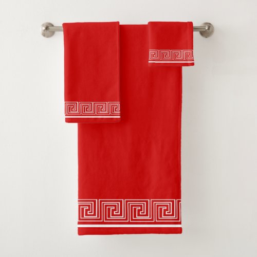 White Grecian Frieze Design Red Bath Towel Set