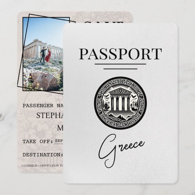 White Greece Passport Save the Date Card (Front/Back)