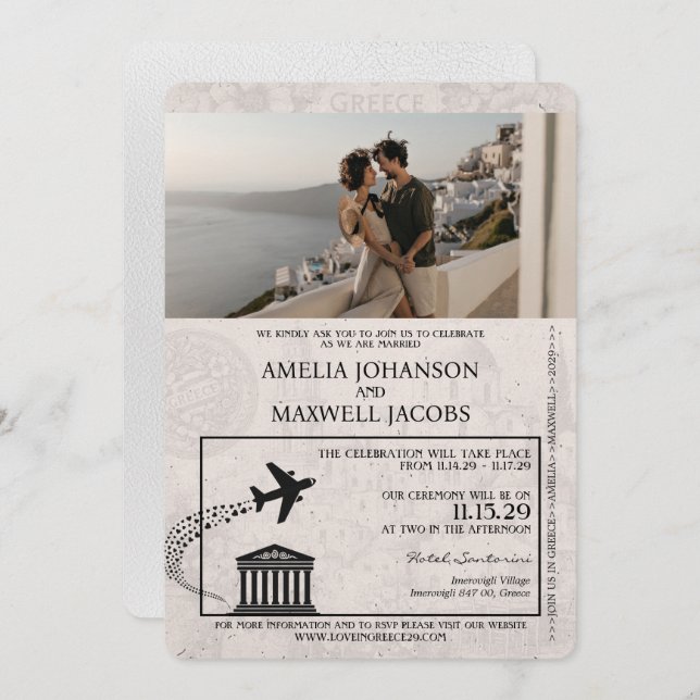 White Greece Passport Wedding Invitation (Front/Back)