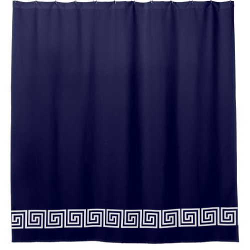 White Greek Key Border on Custom Color Navy Blue Shower Curtain
