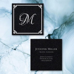 White Greek Key Calligraphy Monogram Square Business Card