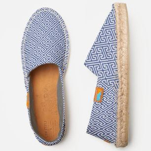 White Greek Key Diagonal T Pattern Royal Blue Canv Espadrilles