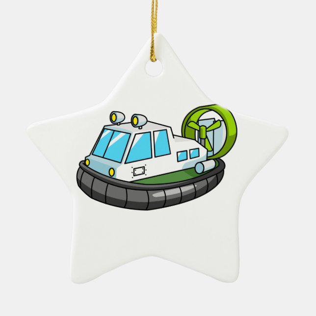 White, Green, and Black Cartoon Hovercraft Ceramic Ornament (Front)