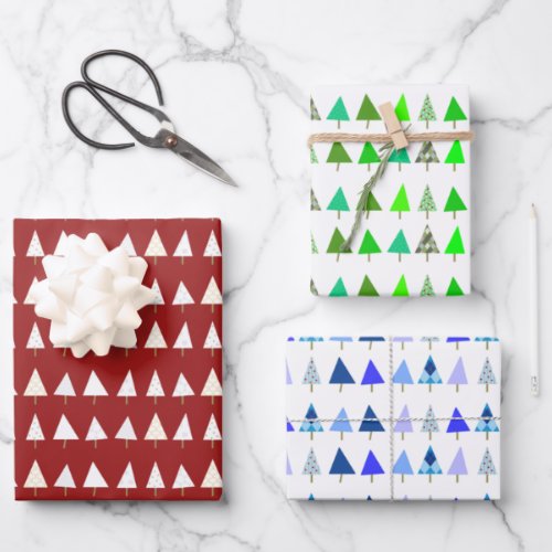 White Green and Blue Christmas Trees Wrapping Paper Sheets