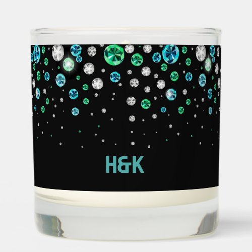 White green and blue diamonds on black monogram scented candle