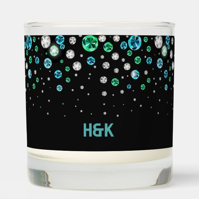 White green and blue diamonds on black monogram scented candle (Front)