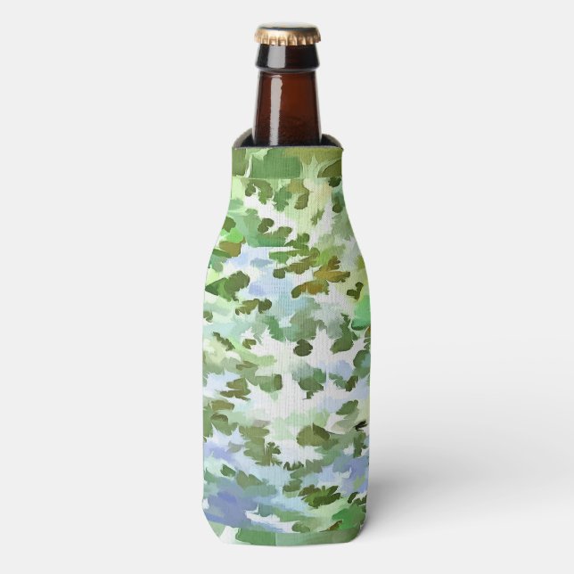 White, Green and Powder Blue Camouflage Pattern Bottle Cooler (Bottle Front)