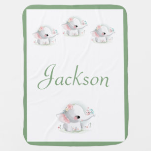 White Green Baby Elephant Name Personalized Blanket