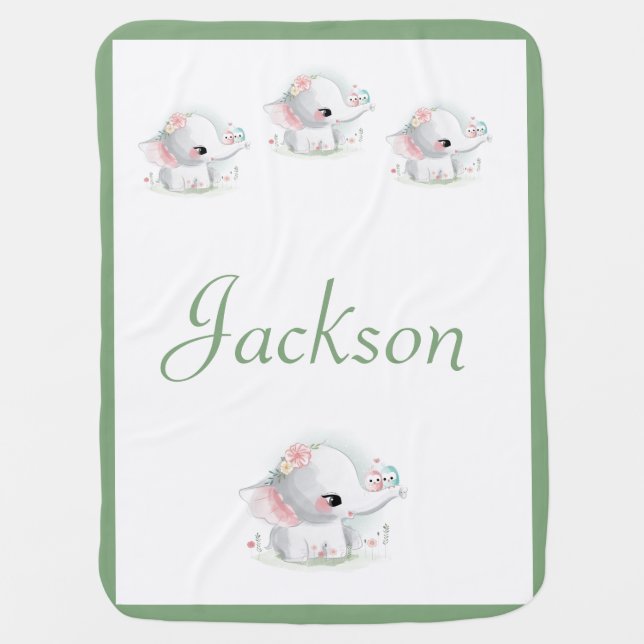 White Green Baby Elephant Name Personalized Blanket (Front)