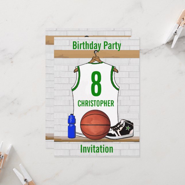 White Green Basketball Jersey Birthday Party Invitation (Front/Back In Situ)