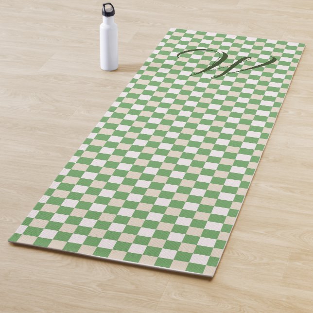 White, Green & Beige Checkerboard Monogrammed Yoga Mat (In Situ)