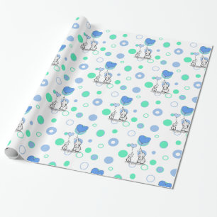White Green Blue Elephants Holding Balloons Gift W Wrapping Paper