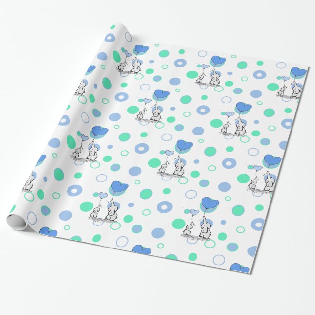 White Green Blue Elephants Holding Balloons Gift W Wrapping Paper (Unrolled)