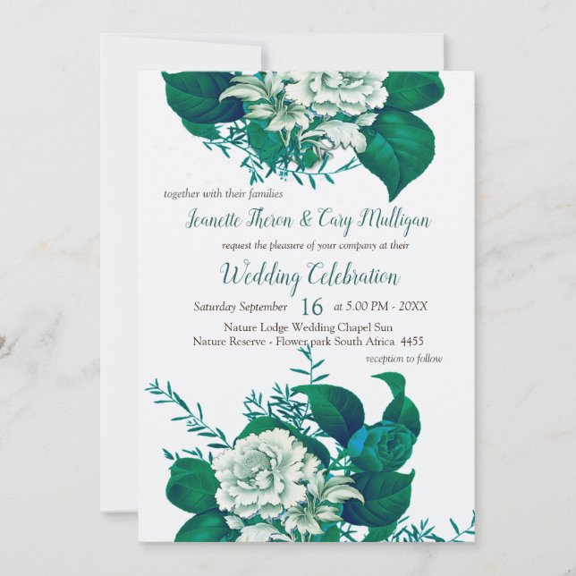 White / Green / Blue Flowers on Cryspy White Invitation (Front)
