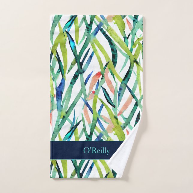 White Green Blue Leaves Monogram Pickleball Towel (Hand Towel)