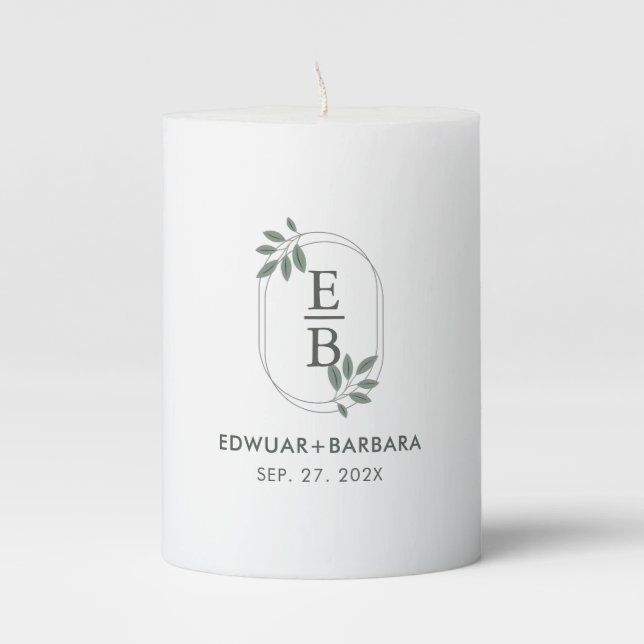 White Green Botanical frame Wedding Monogram Pillar Candle (Front)