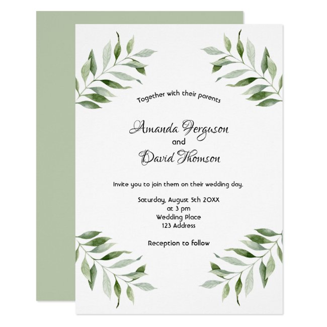 White green botanical greenery wreath wedding invitation