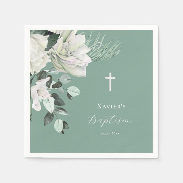  white green bouquet  Baptism Napkins (Front)