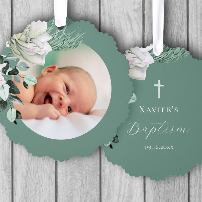white green bouquet Baptism Ornament Card (Creator Uploaded)