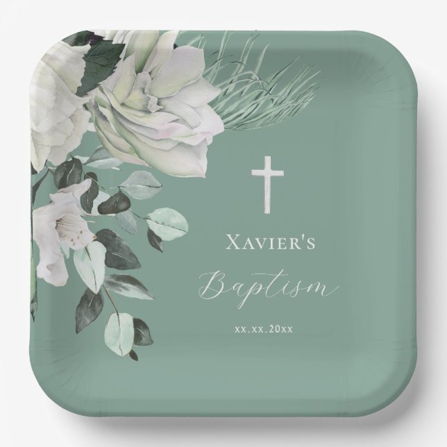  white green bouquet  Baptism Paper Plates (Front)