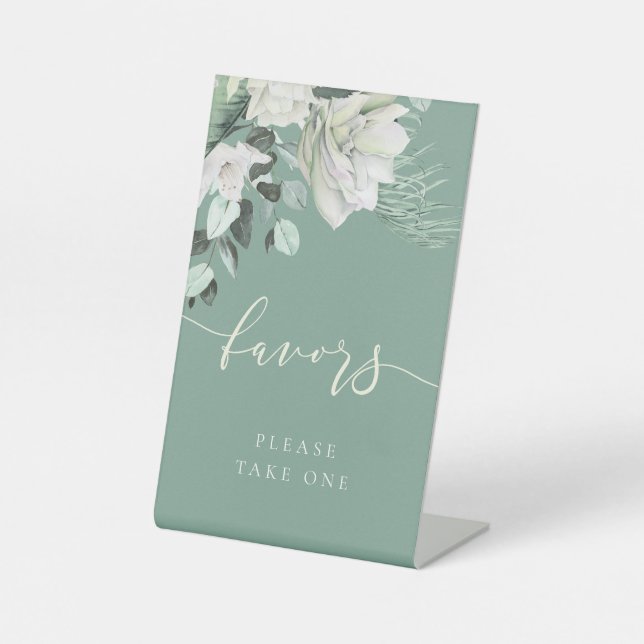 white green bouquet favors pedestal sign (Front)