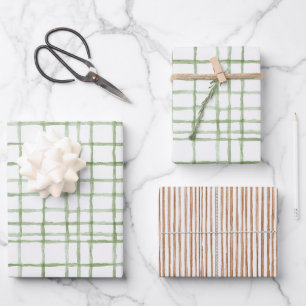 White Green Brown Tan Stripes Birthday Wrapping Paper Sheets