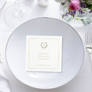 White green champagne monogram wreath birthday napkins