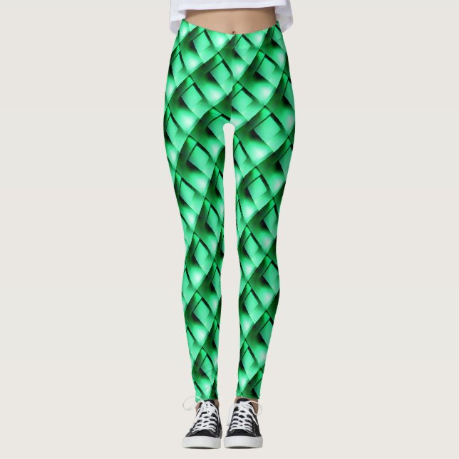 White Green curved rectangles or stripes that thin Leggings (Front)