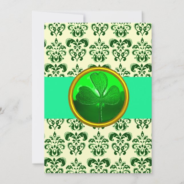 WHITE GREEN  DAMASK WITH SHAMROCK Silver Invitation (Front)