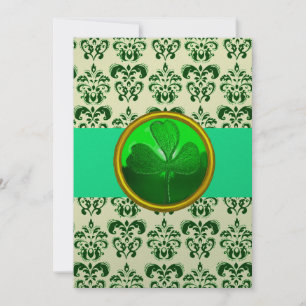 WHITE GREEN DAMASK WITH SHAMROCK Silver Invitation