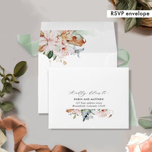 White Green Earthy Blooms RSVP with Return Address Envelope