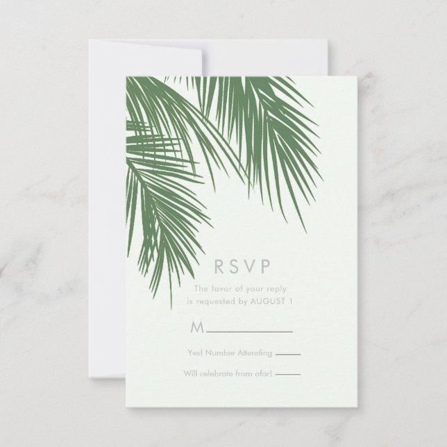 White Green Elegant Tropical Palm Leaves RSVP Invitation (Front)