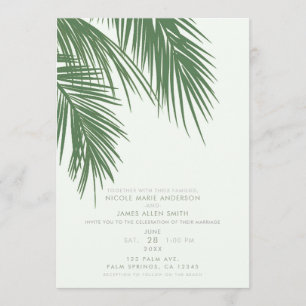 White Green Elegant Tropical Palm Leaves Wedding Invitation