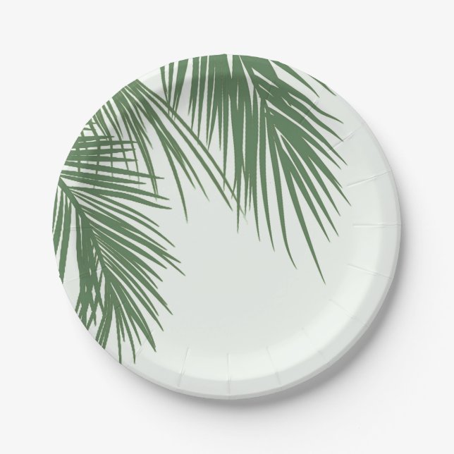 White Green Elegant Tropical Palm Leaves Wedding Paper Plates (Front)