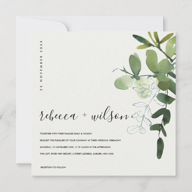 WHITE GREEN EUCALYPTUS FOLIAGE WATERCOLOR WEDDING INVITATION (Front)