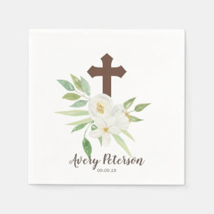 White & Green Floral Cross First Holy Communion Napkins