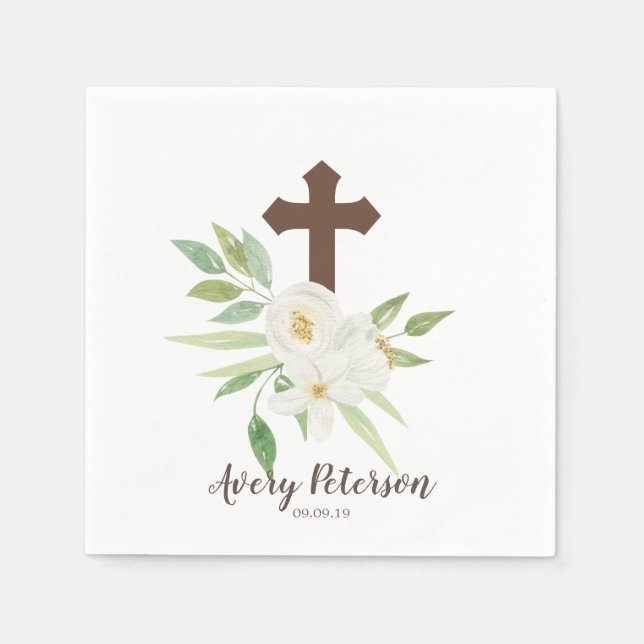 White & Green Floral Cross First Holy Communion Napkins (Front)