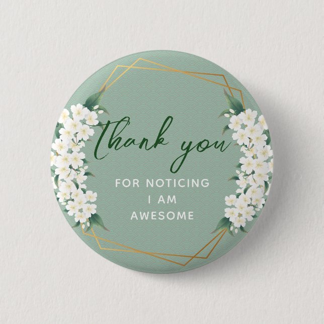White & Green Floral Gold Frames Custom Thank You Button (Front)