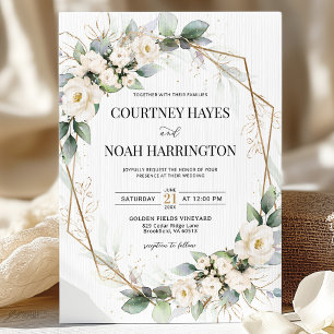 White Green Floral Gold Geometric Wedding Invitation