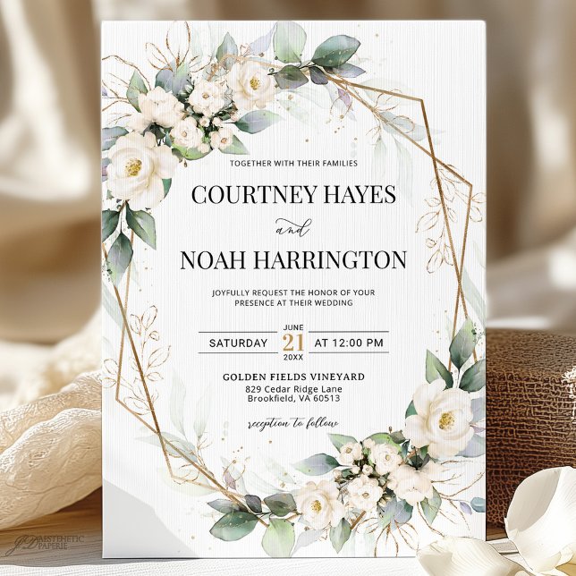 White Green Floral Gold Geometric Wedding Invitation (Creator Uploaded)