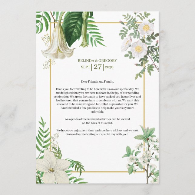 White Green Floral Gold Wedding Itinerary Program (Front)